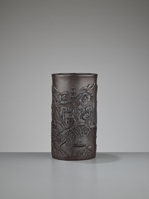 Lot 842 - A CARVED BAMBOO ‘MOUNTAINSCAPE’ BRUSH POT, BITONG, QING DYNASTY