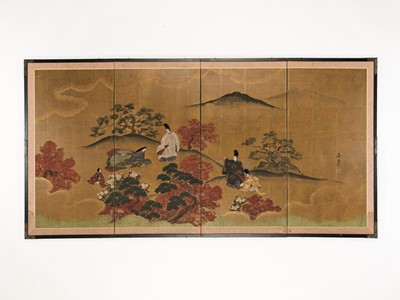 Lot 273 - SHUNKEI: A FINE FOUR-PANEL FOLDING SCREEN DEPICTING THE MOMIJI NO GA FROM THE TALE OF GENJI