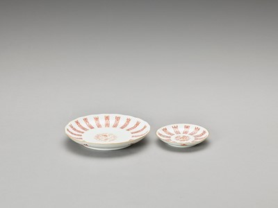 Lot 672 - TWO IRON-RED ENAMELED ‘DOUBLE BAT’ PORCELAIN DISHES, DAOGUANG AND PERIOD