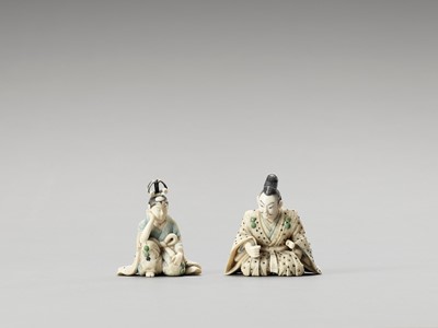 Lot 153 - TWO STAINED IVORY OKIMONO OF A SAMURAI AND A PRINCESS