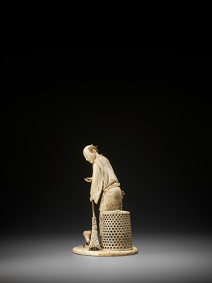 Lot 172 - TOSHIYUKI: AN IVORY OKIMONO OF A MAN SWEEPING AND FEEDING HIS CHICKENS