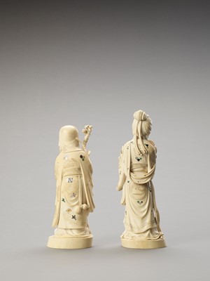 Lot 185 - TWO VERY LARGE INLAID IVORY OKIMONO OF LUCKY GODS