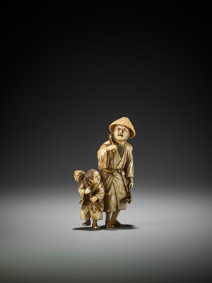 Lot 169 - AN IVORY OKIMONO OF A BAMBOO FARMER WITH CHILD