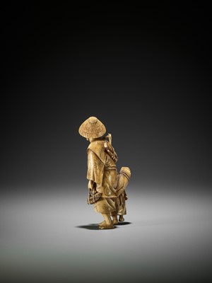 Lot 169 - AN IVORY OKIMONO OF A BAMBOO FARMER WITH CHILD