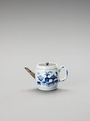 Lot 1105 - A SILVER-MOUNTED BLUE AND WHITE PORCELAIN TEAPOT