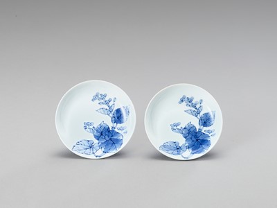 Lot 161 - A FINE PAIR OF CIRCULAR BLUE AND WHITE PORCELAIN DISHES