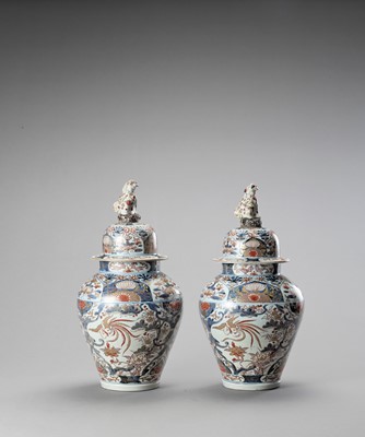 Lot 1061 - A LARGE PAIR OF IMARI PORCELAIN VASES AND COVERS