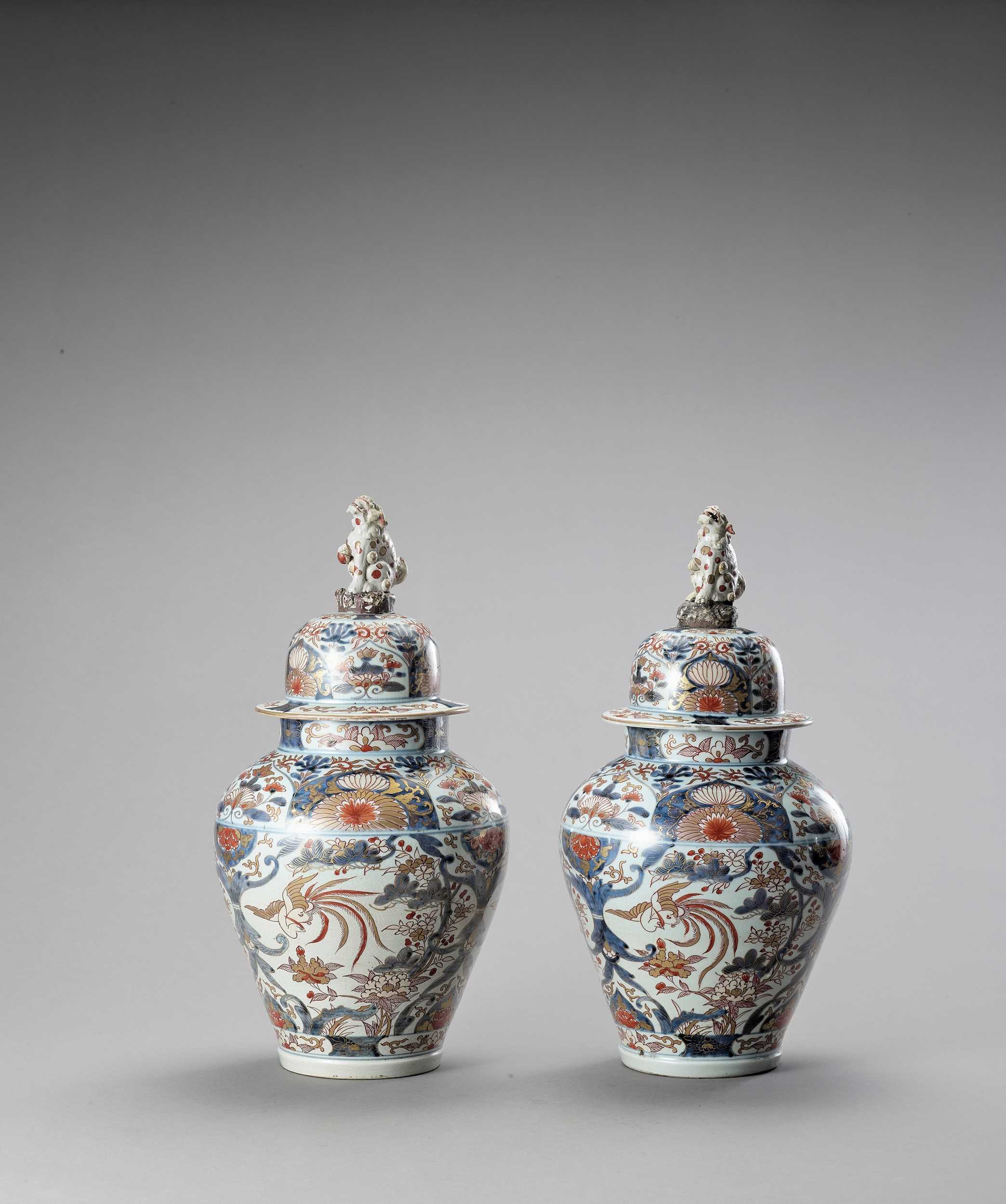 Lot 1061 - A LARGE PAIR OF IMARI PORCELAIN VASES AND COVERS