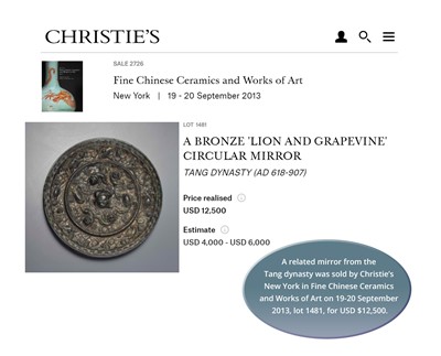 Lot 15 - A BRONZE ‘LION AND GRAPEVINE’ MIRROR, FIVE DYNASTIES