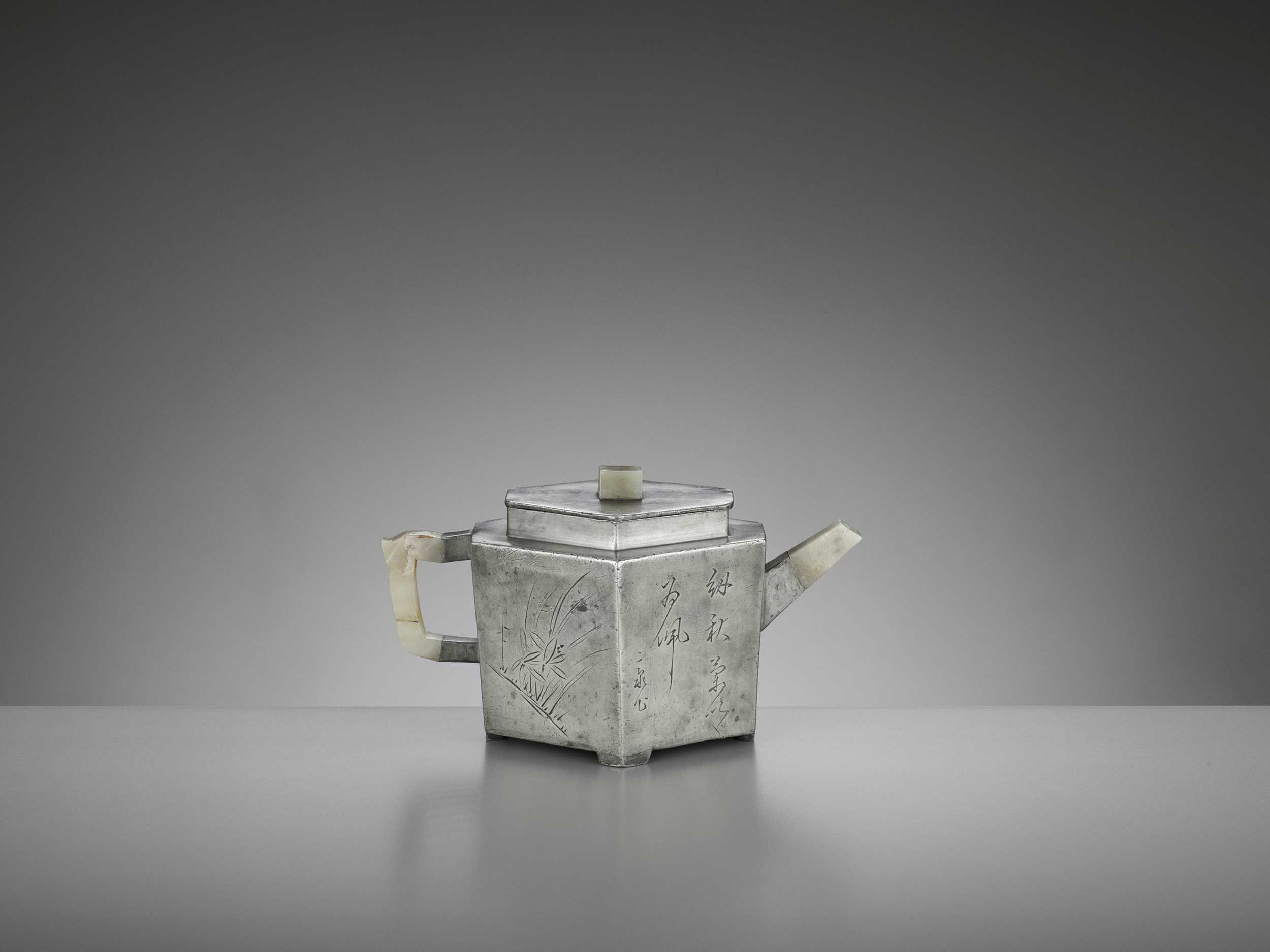 Lot 334 - A HEXAGONAL PEWTER-ENCASED AND JADE-INSET YIXING TEAPOT AND COVER, QING