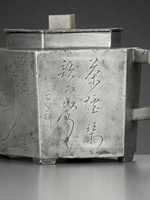 Lot 334 - A HEXAGONAL PEWTER-ENCASED AND JADE-INSET YIXING TEAPOT AND COVER, QING
