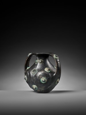 Lot 138 - A BLACK POTTERY AMPHORA WITH APPLIED BRONZE BOSSES, HAN DYNASTY
