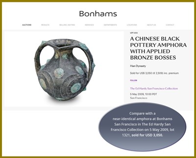 Lot 138 - A BLACK POTTERY AMPHORA WITH APPLIED BRONZE BOSSES, HAN DYNASTY