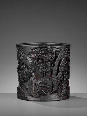 Lot 523 - AN OPENWORK AND RETICULATED ZITAN BRUSH POT, BITONG, QING DYNASTY