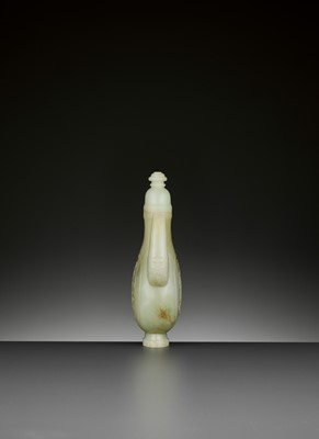 Lot 101 - A PALE CELADON JADE ‘PHOENIX’ EWER AND COVER, QING DYNASTY