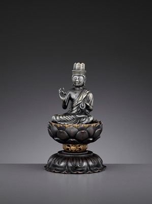 Lot 728 - A KOREAN PARCEL-GILT AND SILVERED METAL FIGURE OF A CROWNED BUDDHA, 19TH CENTURY