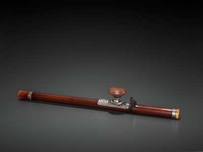 Lot 20 - A BAMBOO OPIUM PIPE WITH IVORY, SILVER AND YIXING CERAMIC FITTINGS, LATE QING TO REPUBLIC