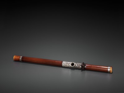 Lot 20 - A BAMBOO OPIUM PIPE WITH IVORY, SILVER AND YIXING CERAMIC FITTINGS, LATE QING TO REPUBLIC