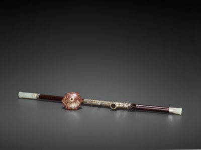 Lot 19 - A BAMBOO OPIUM PIPE WITH HARDSTONE, SILVER AND YIXING CERAMIC FITTINGS, LATE QING TO REPUBLIC