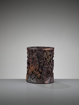 Lot 538 - AN OPENWORK AND RETICULATED ZITAN BRUSHPOT, BITONG, QING DYNASTY