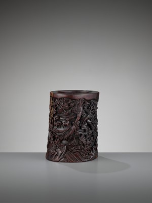 Lot 538 - AN OPENWORK AND RETICULATED ZITAN BRUSHPOT, BITONG, QING DYNASTY