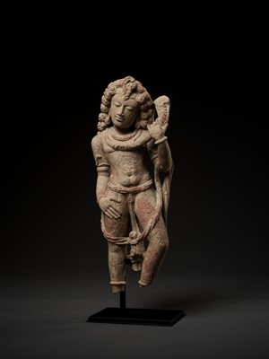 Lot 757 - A RARE RED SANDSTONE FIGURE OF NAGARAJA, THE SERPENT KING, 9TH-10TH CENTURY