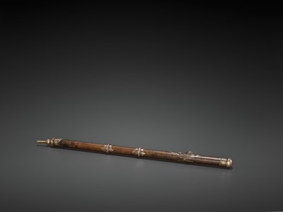 Lot 26 - AN INSCRIBED BRONZE OPIUM PIPE WITH SILVER AND COPPER FITTINGS, LATE QING TO REPUBLIC