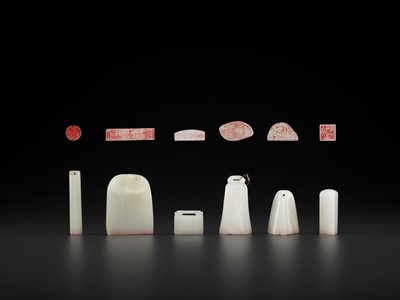 Lot 111 - SIX WHITE JADE SEALS, MID-QING TO REPUBLIC