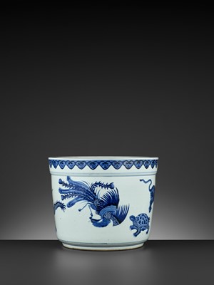 Lot 264 - A MASSIVE BLUE AND WHITE ‘FIVE MYTHICAL BEASTS’ JARDINIERE, QING DYNASTY