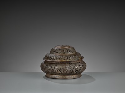 Lot 432 - AN OPENWORK COPPER-REPOUSSÉ CENSER AND COVER, LATE MING TO EARLY QING