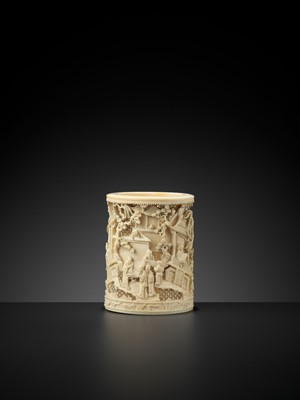 Lot 572 - A RETICULATED IVORY ‘SCHOLARS’ BRUSH POT, BITONG, QING DYNASTY