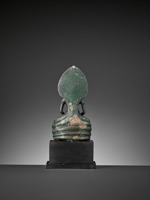 Lot 721 - A KHMER BRONZE FIGURE OF BUDDHA MUCHALINDA, LATE ANGKOR PERIOD