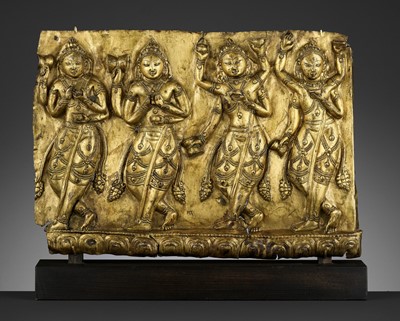 Lot 455 - A GILT COPPER FRIEZE OF APSARAS, 16TH-17TH CENTURY