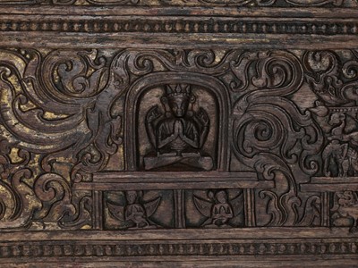 Lot 462 - A CARVED AND GILT HARDWOOD MANUSCRIPT COVER, 14TH-15TH CENTURY