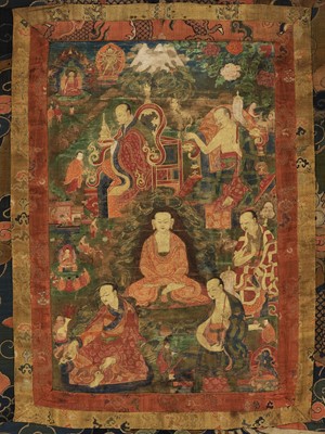 Lot 583 - A THANGKA OF FIVE ARHATS, 18TH-19TH CENTURY