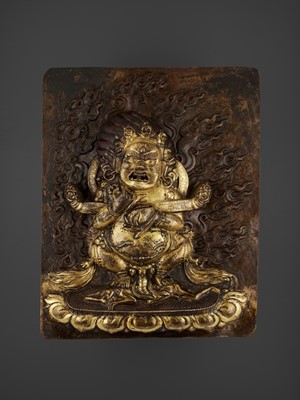 Lot 460 - A LARGE GILT-COPPER REPOUSSÉ RELIEF OF MAHAKALA, 18TH-19TH CENTURY