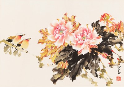 Lot 676 - ‘PEONIES AND BIRDS’ BY ZHAO SHAO’ANG (1905-1988)