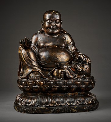 Lot 517 - AN EXCEPTIONALLY LARGE AND MASSIVE CAST-BRONZE AND COPPER-REPOUSSE STATUE OF BUDAI, QING DYNASTY