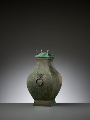 Lot 416 - A BRONZE STORAGE VESSEL AND COVER, FANGHU, HAN DYNASTY