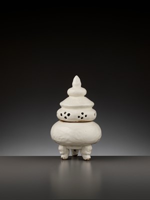 Lot 181 - A RARE WHITE-GLAZED ANHUA-DECORATED INCENSE BURNER AND COVER, LATE SONG TO EARLY MING