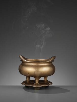 Lot 434 - A GILT-BRONZE BOMBÉ-FORM TRIPOD CENSER WITH MATCHING STAND, 17TH CENTURY