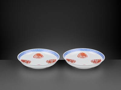 Lot 370 - A PAIR OF BLUE AND WHITE, IRON-RED AND GILT ‘DRAGON’ DISHES, GUANGXU MARK AND PERIOD