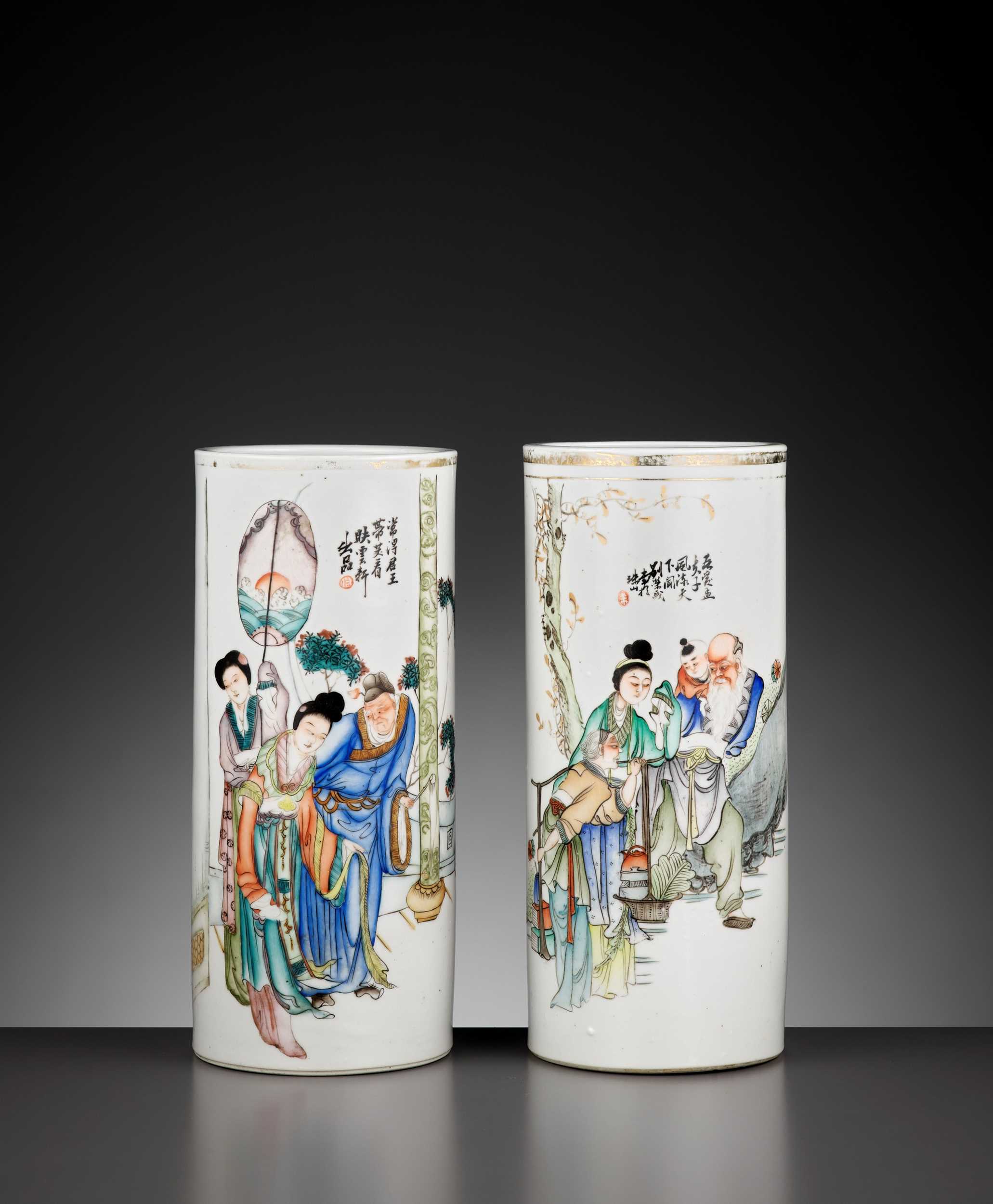 Lot 422 - TWO ‘SCENES FROM THE TANG COURT’ CYLINDRICAL VASES, REPUBLIC PERIOD