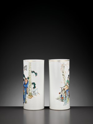 Lot 422 - TWO ‘SCENES FROM THE TANG COURT’ CYLINDRICAL VASES, REPUBLIC PERIOD