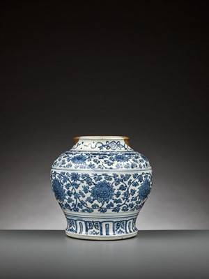 Lot 198 - A BLUE AND WHITE ‘LOTUS’ JAR, GUAN, MING DYNASTY