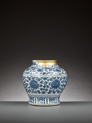 Lot 198 - A BLUE AND WHITE ‘LOTUS’ JAR, GUAN, MING DYNASTY