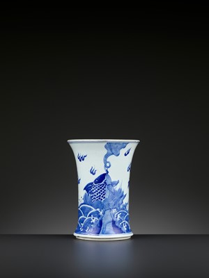 Lot 263 - A BLUE AND WHITE ‘DRAGON AND GIANT CARP’ BRUSH POT, BITONG, QING DYNASTY
