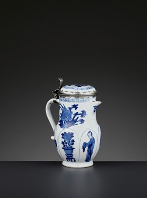 Lot 224 - A SILVER-MOUNTED BLUE AND WHITE JUG AND COVER, KANGXI PERIOD