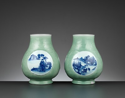 Lot 310 - A PAIR OF MOLDED BLUE AND WHITE DECORATED CELADON-GROUND HU-FORM VASES, REPUBLIC