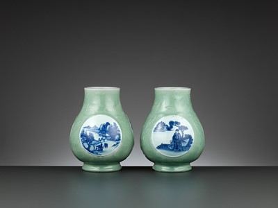 Lot 310 - A PAIR OF MOLDED BLUE AND WHITE DECORATED CELADON-GROUND HU-FORM VASES, REPUBLIC